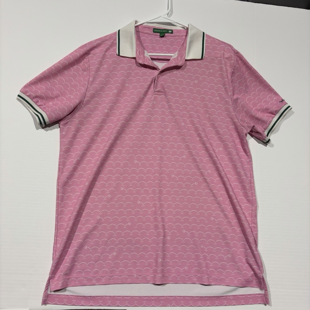 Waggle Golf Polo Shirt Men's Large Pink Golf Print Performance Short Sleeve L